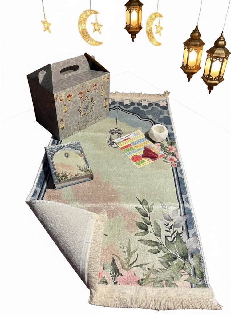 Luxury Ramadan Gift Box Made of Velvet Fabric – Green – “Tahadoo Tahaboo” Printed – Includes Prayer Mat, Incense Burner, Quran, Azkar Book & Incense - Image 1
